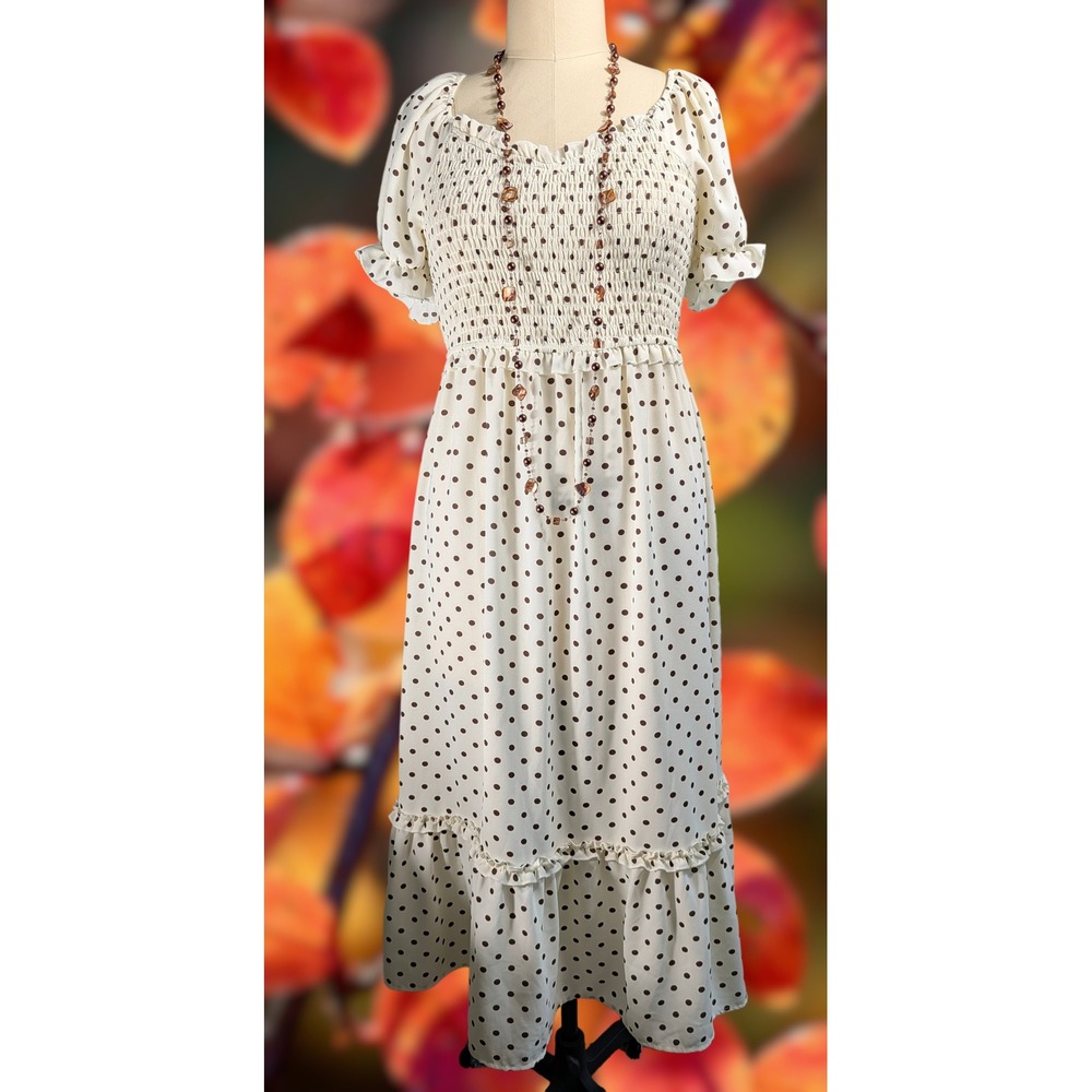 Inspired Hearts 1X Cream Brown Polka Dot Flattering Smocked Maxi Dress Womens